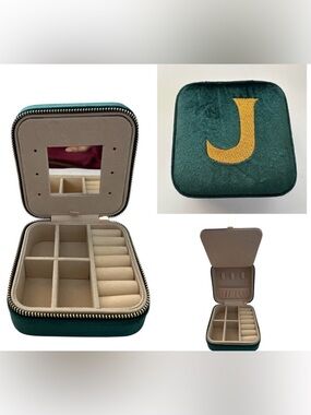 Monogrammed 'J' Green Velvet Travel Jewelry Case with Cream Interior